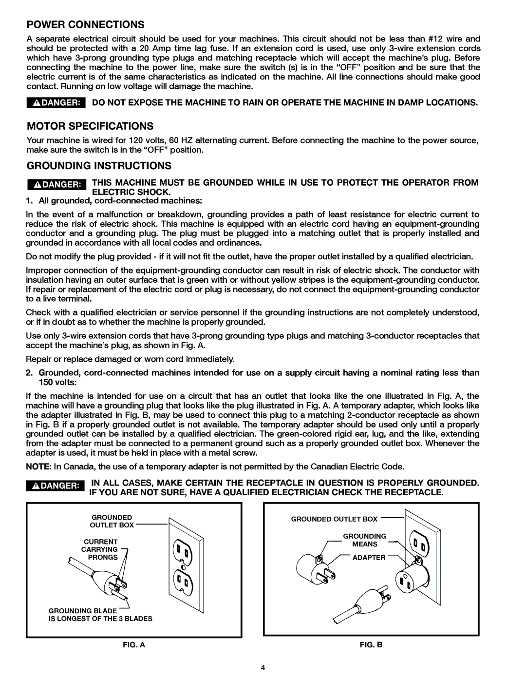 Delta 50-871 instruction manual Power Connections, Motor Specifications, Grounding Instructions 